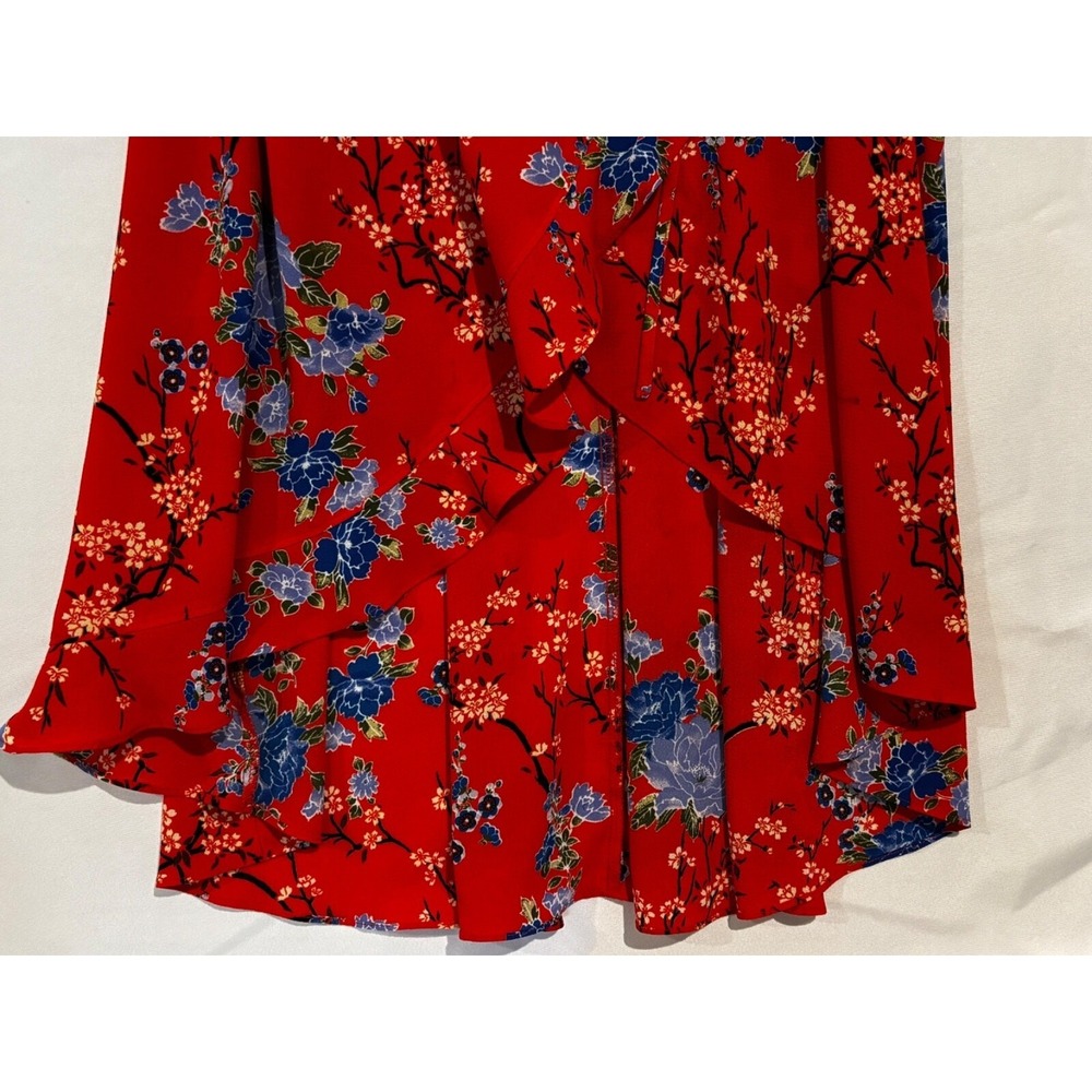 Magnolia Skye Red Floral Ruffle Wrap Dress High Low V-Neck Sz S boho cottagecore - Picture 9 of 10
